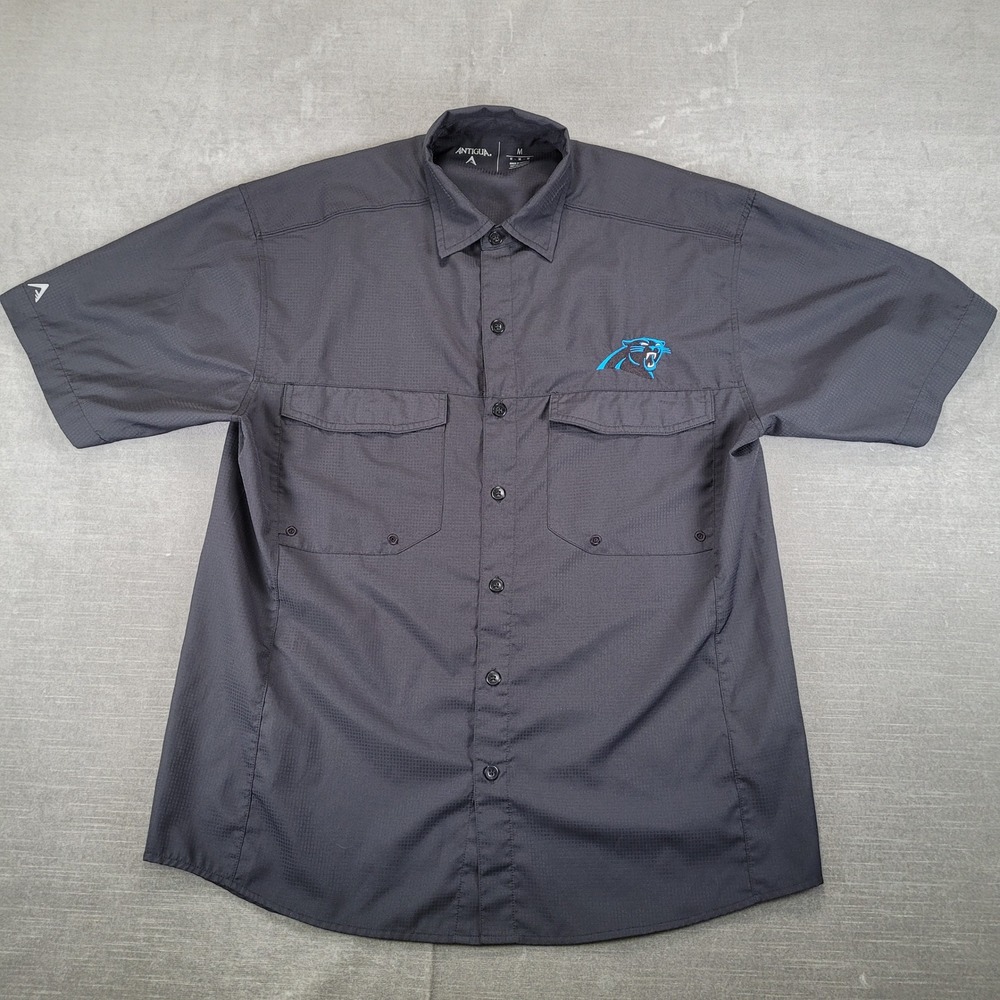 Antigua Mens Carolina Panthers NFL Ripstop Vented Short Sleeve Button Down Shirt